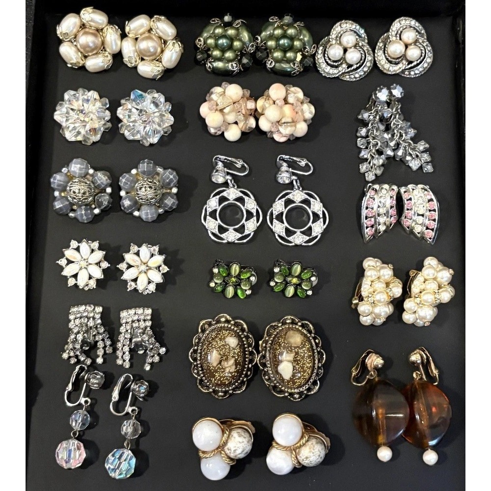 Vintage Clip Earrings Lot 17 Pairs Gold Tone Silver Tone Rhinestone Faux Pearl